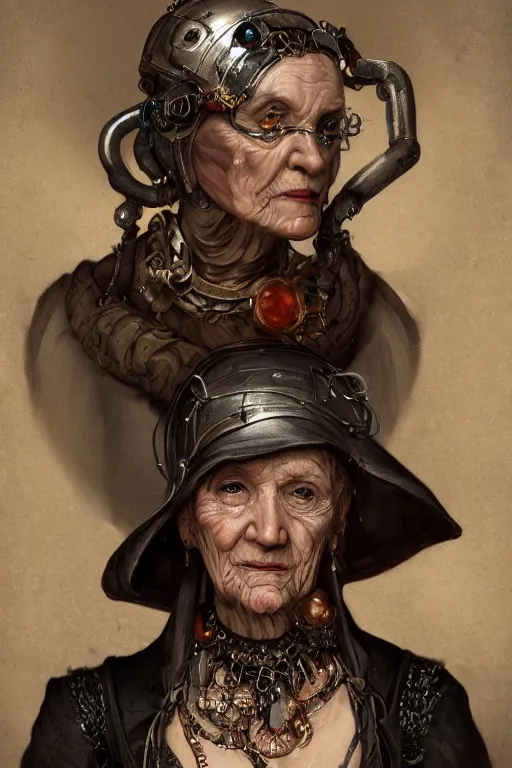 Prompt: portrait, headshot, digital painting, of a old 17th century, old lady cyborg merchant, amber jewels, techno circuit tatoos, baroque, ornate clothing, scifi, futuristic, realistic, hyperdetailed, chiaroscuro, concept art, art by Waterhouse