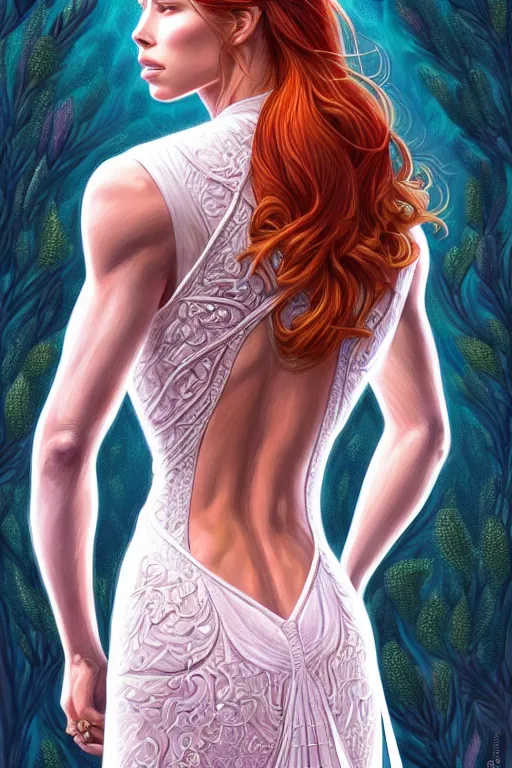 Prompt: symmetry!! intense fanart of back pose of redhead jessica biel as acotar protagonist, intricate, < < < hyper detailed background!!!! > > >, elegant dress, highly detailed, my rendition, digital painting, artstation, concept art, smooth, sharp focus, illustration, art by artgerm, by hajime sorayama