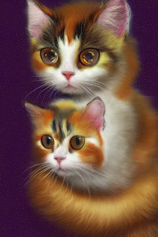 Prompt: Recursive image with a well rounded Calico feline, large eyes, shiny soft fur, anatomically correct, surrounded by matte mirroring swirling wisps of jelly blobs, oil pastels and gold, in the style of albert lynch, modeled in Poser, Redshift render, UHD