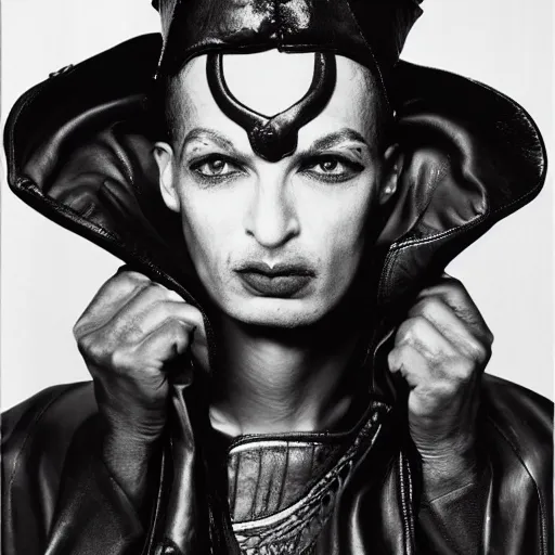 Prompt: A pharaoh wearing a leather jacket, portrait, by Derek Ridgers, Richard Avedon, Mario Testino