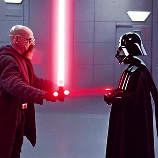 Prompt: Walter White holding a red light saber, dueling against Darth Vader, movie still from Star Wars