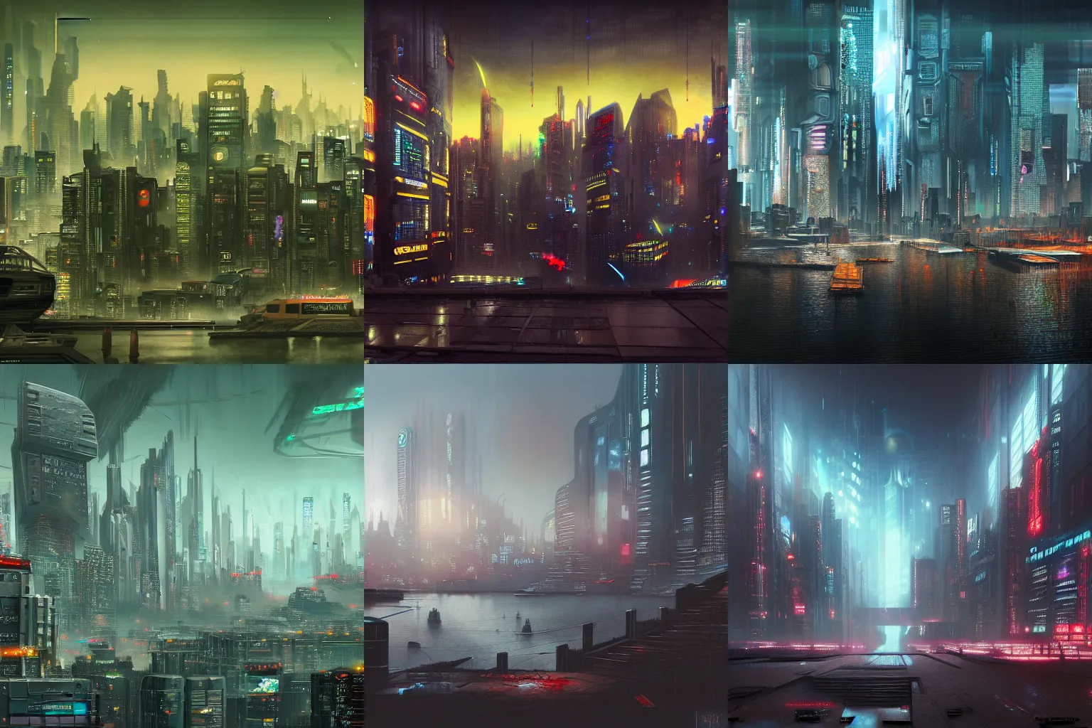 Prompt: cyberpunk matte painting, highly detailed, dystopian, »The sky above the port was the color of television, tuned to an empty channel«