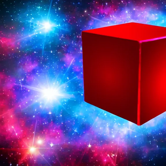 Prompt: red iridescent cube right position, deep space background