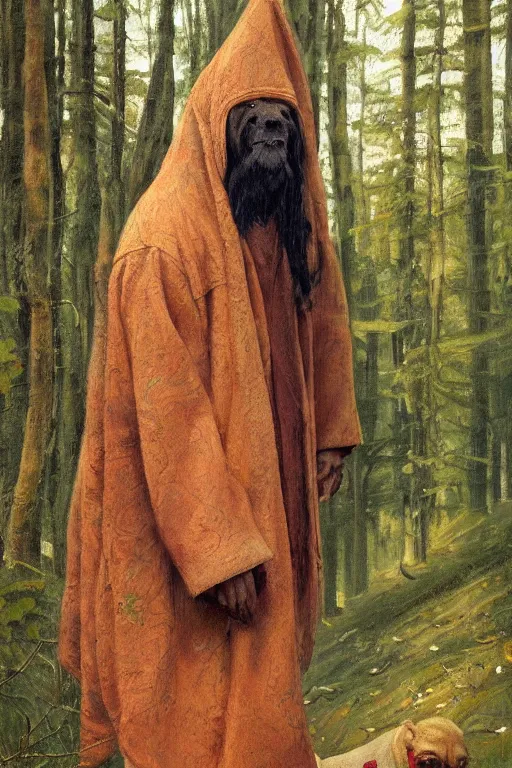 Prompt: slavic dog head man, woolen torso in medieval clothes, walking in the forest, orthodox, oil painting, concept art, hyperrealism, beautiful, high resolution, trending on artstation, by annie swynnerton and nicholas roerich, embroidered robes, elaborate costume,