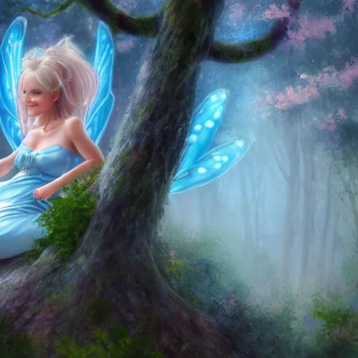 Prompt: sky blue fairy smiling in a forest, high detail, close shot, fantasy painting, cottagecore, fantasycore, light colors, artstation contest winner