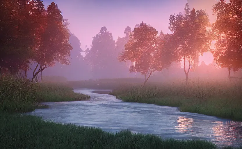 Prompt: a river in the middle of a forest at sunrise, vector art, trending on deviantart, highly detailed, high quality, 8 k, soft lighting, bloom, godrays, complementary colors, octane render, unreal engine 5, path traced, beautiful landscape, serene landscape, fancy colors