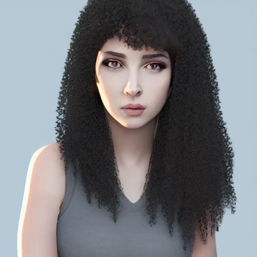 Prompt: portrait of a young lady with curly black hair with, round face, big brown eyes, ultra detailed, volumetric lighting,