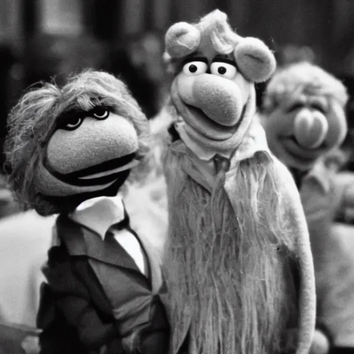 Prompt: 70s movie still of Karl Marx as a puppet in the muppet show, heavy grainy picture cinemastill 800t 18mm