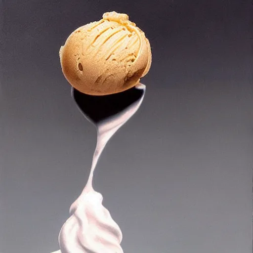 Image similar to Hyperrealistic symmetric painting of a levitating ice cream cone filled with mirror-like liquid mercury