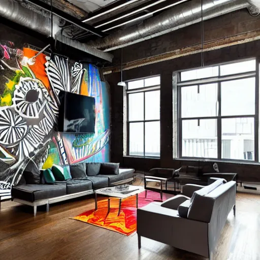 Image similar to trendy downtown loft with modern murals on the wall, modern wall art and patterns, professional photographed interior design, beautiful architecture