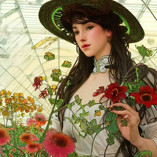 Prompt: slightly rusty robot-gardener in a straw hat, waters flowers, highly detailed, texture, background greenhouse, mild dreamy professional lighting, digital art, smooth, sharp focus, illustration, wide angle shot, full body visible, art by artgerm, by alphonse mucha