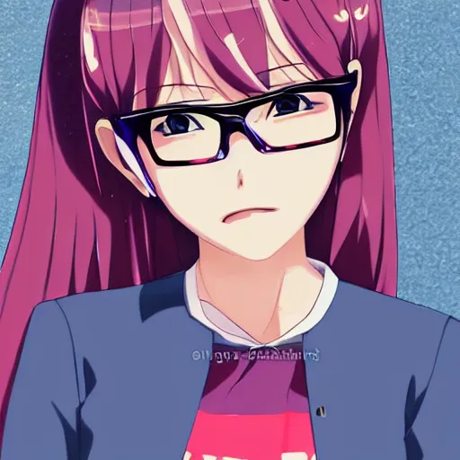 Prompt: Anime Girl. High-Angle shot. 2d Anime Manga drawing. Glasses, cute look. conservative outfit. Sharp colors, detailed.