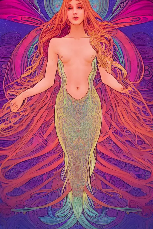 Image similar to a beautiful psychedelic mermaid, symmetrical features, cinematic lighting, soft bokeh, fantasy, modern, colourful, highly detailed, digital painting, artstation, deviantart, concept art, sharp focus, illustration, by alphonse mucha