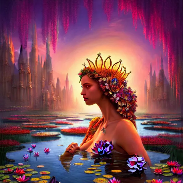 Image similar to Beautiful 3d render of the flower queen goddess near a pond full of lotus, atmospheric lighting, painted, intricate, volumetric lighting, beautiful, rich deep colours masterpiece, sharp focus, ultra detailed, in the art style of Dan Mumford and marc simonetti, with a clear crowded futuristic cyberpunk dubai city in the background, astrophotography