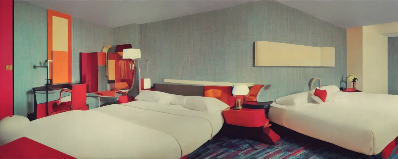 Prompt: Hotel room interiors, 60s futurism, color photos