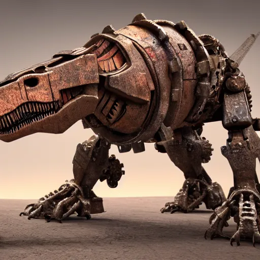 Image similar to a t-rex with rusty metal gears place on its articulations, the gears match the articulation, octane render, 3D