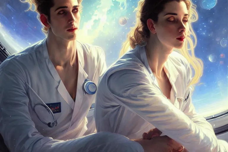 Prompt: Sensuous good looking pale young Spanish doctors wearing jeans in a space station above Earth, portrait, elegant, intricate, digital painting, artstation, concept art, smooth, sharp focus, illustration, art by artgerm and greg rutkowski and alphonse mucha