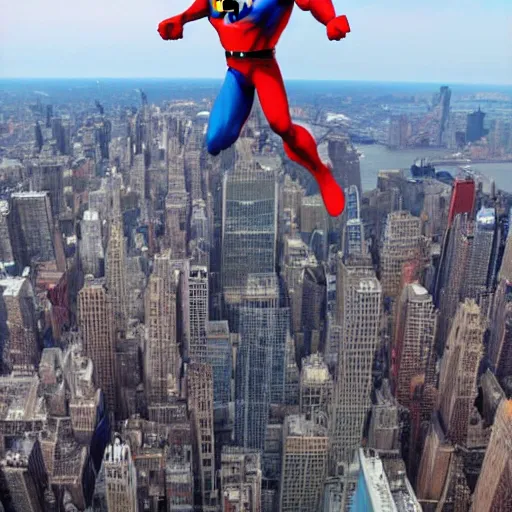 Prompt: marvel superman from back hands on waist standing on top of the empire state building