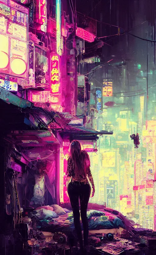 Image similar to detailed Amber Heard crouching on top of messed up bed, volumetric lightning, cyberpunk futuristic neon, decorated with traditional Japanese ornaments by Ismail inceoglu dragan bibin hans thoma !dream detailed portrait Neon Operator Girl, cyberpunk futuristic neon, reflective puffy coat, decorated with traditional Japanese ornaments by Ismail inceoglu dragan bibin hans thoma greg rutkowski Alexandros Pyromallis Nekro Rene Maritte Illustrated, Perfect face, fine details, realistic shaded, fine-face, pretty face