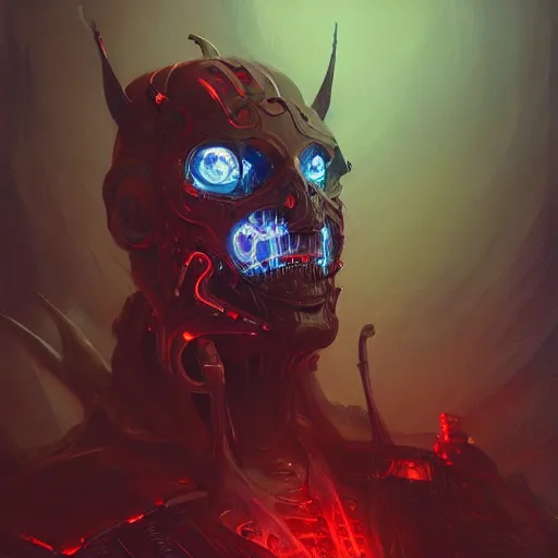 Image similar to portrait of a demonic cybernetic duke of hell, cyberpunk concept art by pete mohrbacher and seb mckinnon and beksinski and josan gonzales, digital art, highly detailed, intricate, sci-fi, sharp focus, Trending on Artstation HQ, deviantart, unreal engine 5, 4K UHD image