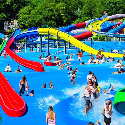 Image similar to photo of a large water park with numerous slides and water rides inside of central park. the new york city skyline is shown in the background.