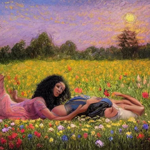 Image similar to egyptian man with long curly hair in a field of flowers, alongside a pregnant black woman with curly hair, laying down, picnic, with a tiny black puppy in the middle, golden hour, vintage, impressionist painting, fine art, oil painting, dreamy, pastel, laughing, happy, intricate details, sharp, peaceful, serene