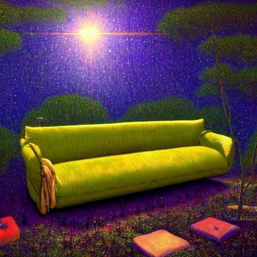 Prompt: psychedelic couch sofa in the lush pine forest, milky way, designed by arnold bocklin, jules bastien - lepage, tarsila do amaral, wayne barlowe and gustave baumann, cheval michael, trending on artstation, cinematic, star, sharp focus, colorful refracted sparkles and lines, soft light, 8 k 4 k