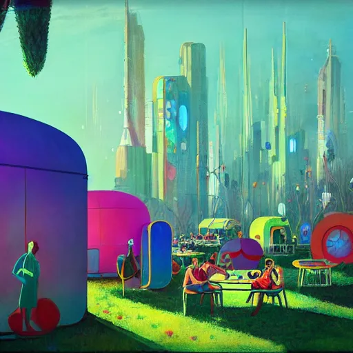 Image similar to a painting of a 1 9 6 0 s cyberpunk!! futuristic!! hippie commune with tents and fruit trees and flowers and led screens, a matte painting by magali villenueve and beeple, cgsociety, utopia art, sci - fi, bold colors, artstation hq