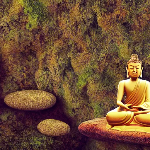 Image similar to a dreamy buddha meditating in a cave and overlooking a vast plain, mossy rocks, a sky full of stars background, 4 k, hyper realistic, in he style of national geographic, coherent design, symmetrical, vivid colour, complementary colour, golden ratio, detailed, sharp lines, intricate, rainbow shift, in unreal 3 d engine, ray tracing, octane render