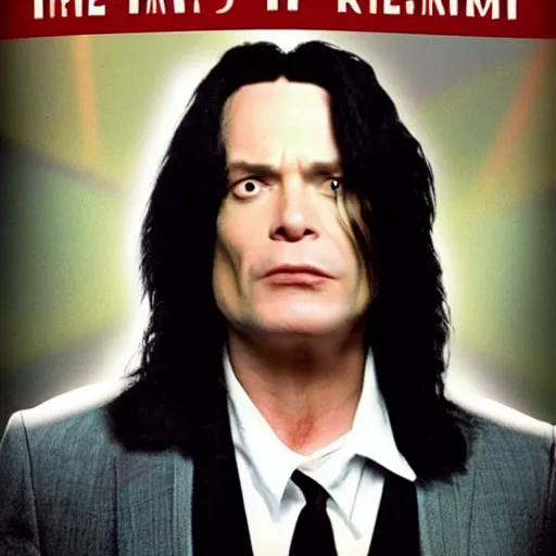 Image similar to tommy wiseau from the room ( 2 0 0 3 ), with the words oh hi mark written, poster, perfect kerning