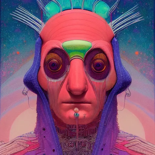 Image similar to colourful breathtakingly weird beautiful powerful magical wonderfully majestic beautifully cool character by michael whelan, moebius, beeple, dan mcpharlin, pascal blanche, jamie hewlett, richard dadd, symmetrical, serene expression, 8 k artstation