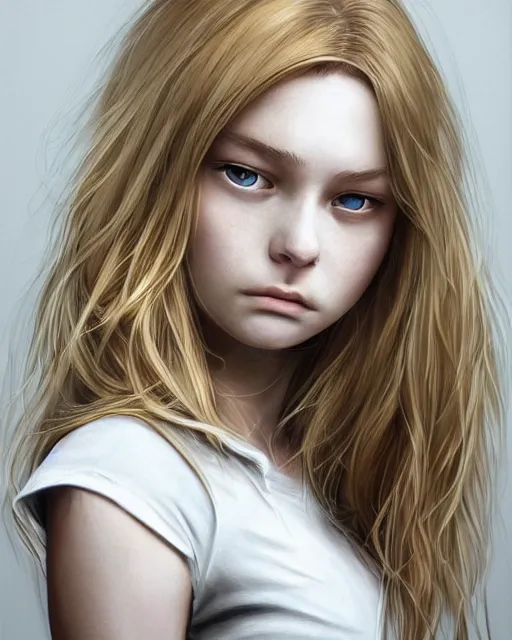 Image similar to portrait of 1 6 - year - old woman with dirty blonde hair down to her waist, pale eyebrows and protuberant silver eyes, wearing white shirt, hyper realistic face, beautiful eyes, character art, art by mark brooks, hyperdetailed, cryengine, trending on artstation, digital art