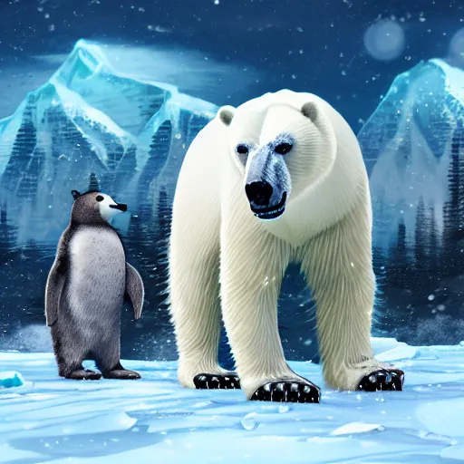 Image similar to a polar bear and a yeti box while three penguins play dice, snowy background, very detailed, cool, best of artstation, digital artwork, 8 k,