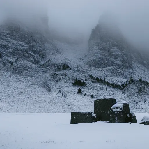 Image similar to a monolithic temple next to a snowcapped mountain. overcast sky, grainy, snowing.