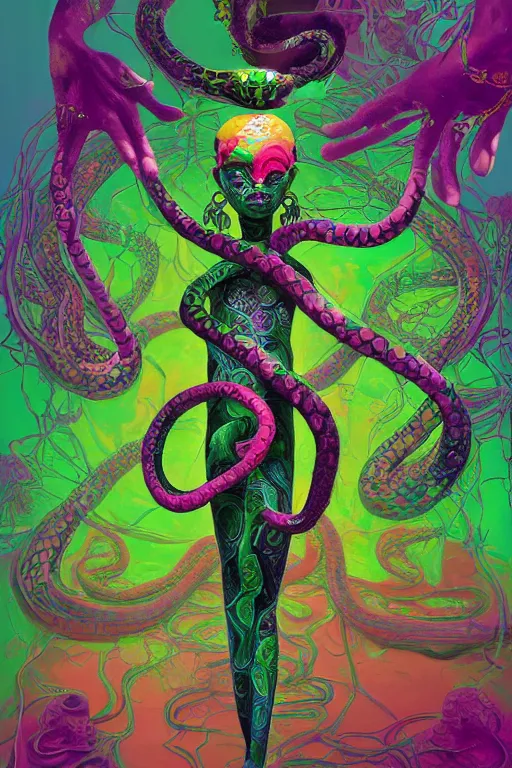 Image similar to epic 3 d osumare, trans african deity, liquid hands and feet spinning, 2 0 mm, with green and pink vines melting smoothly into asymmetrical snakes and rainbows, liquid, delicate, intricate, houdini sidefx, trending on artstation, by jeremy mann and ilya kuvshinov, jamie hewlett and ayami kojima