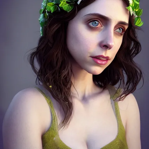Prompt: intricate highly detailed face portrait of alison brie, flower crown on her head, intricate, cgsociety, unreal engine, octane render, sharp focus, smooth, volumetric lighting, cinematic composition, artstation