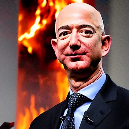 Prompt: Jeff Bezos as villain. Emperor, evil grin. Fire in the background. Detailed face. Red eyes.