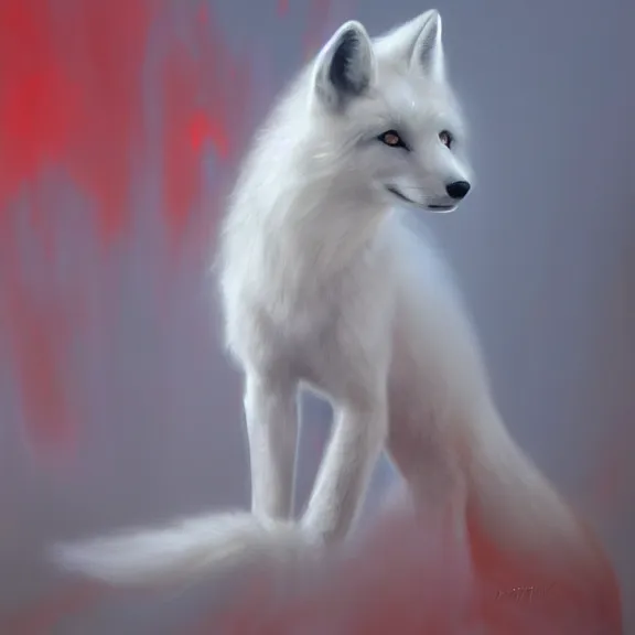 Prompt: A painting of a ghostly white fox in mist with very detailed ghostly fur and volumetric mist and red light, trending on artstation, concept art, vivid color, ultra detailed, oil on canvas.