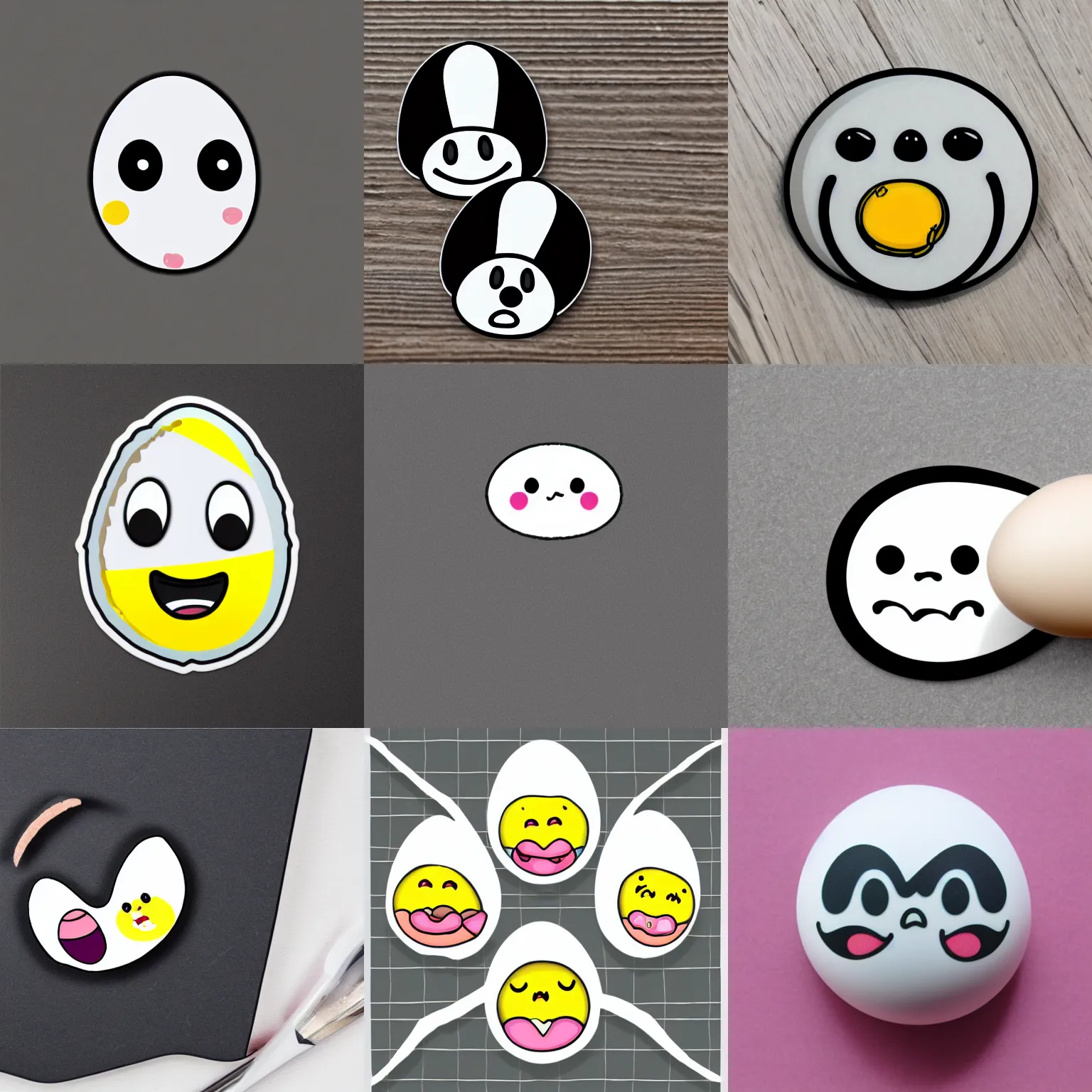 Prompt: cartoon cracked egg, sad kawaii face, die cut sticker with a white border, gray background