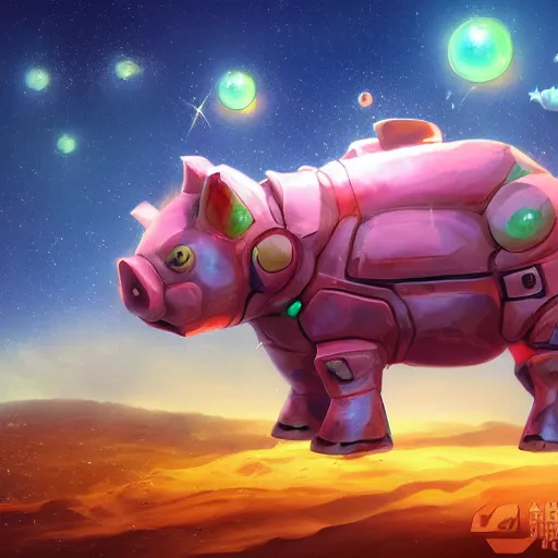 Image similar to 3D Fantasy Cute and adorable mecha piggy floating in space, bright stars, Smooth 3D Illustration, soft render, Servando Lupini, Daniil Kudriavtsev, handpaint texture, Blender, 3DCoat