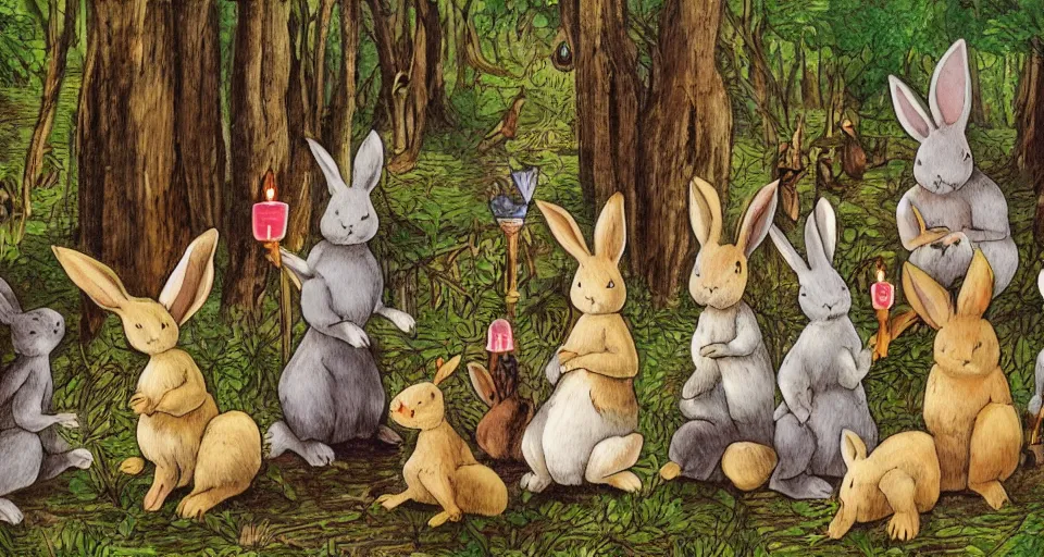 Image similar to A group of rabbits performing a shamanic ritual in a forest