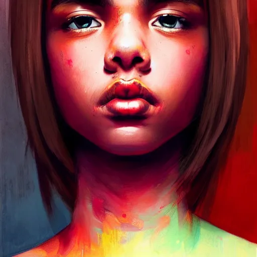 Image similar to colorful and festive captivating teenager with straight brown hair covering his eye, dark skin, big lips, big eyes, wearing a red t - shirt. rich vivid colors, ambient lighting, dynamic lighting, 4 k, atmospheric lighting, painted, intricate, highly detailed by charlie bowater