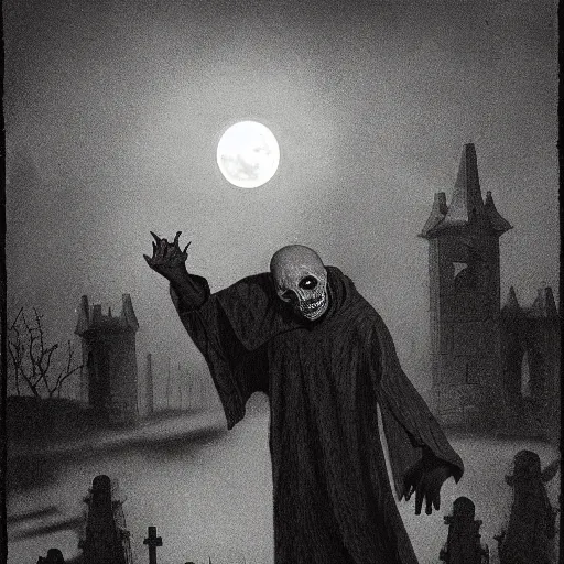 Prompt: a ghoul looking straight at camera, in the middle of a graveyard, full moon, sorcery, wild agony, award - winning, dangerous, scary, 1 8 year limit, oscar, 8 k, cinematic lighting, beksinski, bradley, otherworldly, andre le notre, psychedelic, 1 9 6 0 s, the thing, nosferatu