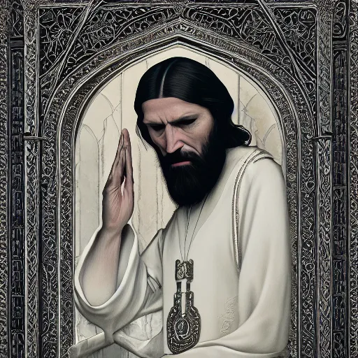 Prompt: portrait grigori rasputin praying in the mosque, wlop, james jean, tom bagshaw, rococo, trending on artstation, fantasy, intricate, elegant, highly detailed, digital painting, concept art, smooth, illustration, cinematic lighting, hyper realism, octane render, 8 k, hyper detailed.