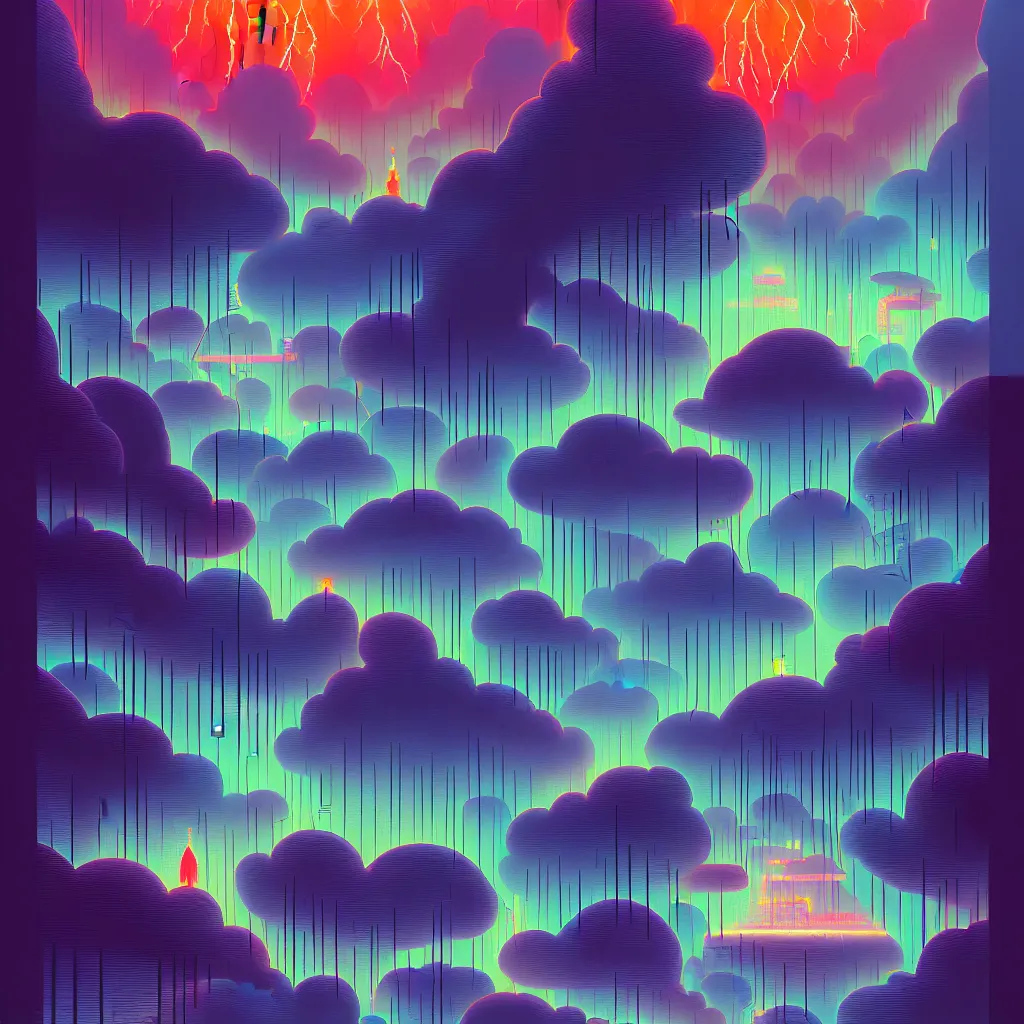 Image similar to illustration of a data-center architecture schema, connector, firewall, cloud, security, river, trees, thunderstorm, trending on Artstation, painting by Jules Julien, Leslie David and Lisa Frank and Peter Mohrbacher and Alena Aenami and Dave LaChapelle muted colors with minimalism