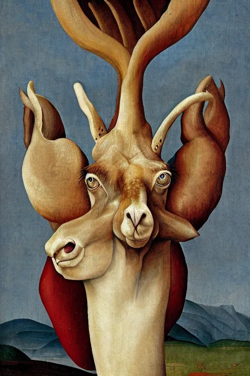 Image similar to llama portrait symbolism painting of highly detailed surealistic giant rennessaince llama head with complex shell body in the style of hieronymus bosch, llama, berries oil on canvas, master painting, melancholic, llama head
