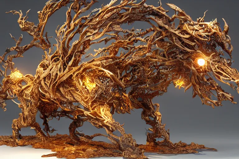 Prompt: A mystical creature of intricate sylvan crisp ignite clockwork, by Ellen Jewett and Makoto Aida. Substance painter, volumetric lighting