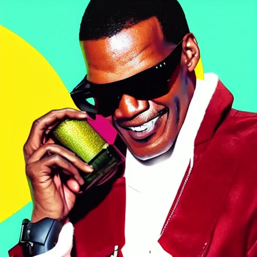 Image similar to the next best jamaican riddims dub trap phonk album cover with jamie foxx as ray charles