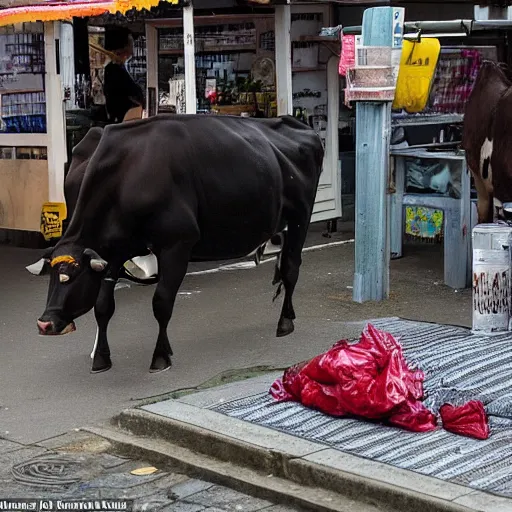 Prompt: a cow steals wine from a market stall. one of the bottles breaks spilling its contents on the street. a guard is going after the cow