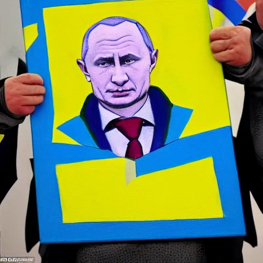 Image similar to the leader of ukraine dressed as a superhero fighting with putin coloured painting